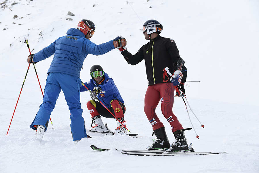 Leif Kristian Haugen, Trevor Philp, and David Chodounsky meet up during training at the Soelden World Cup in 2016. Credit: Agence Zoom