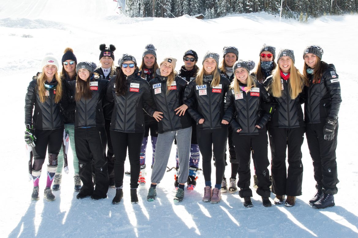 Proffit (second right) poses with the rest of the 2018-19 U.S. Alpine Ski Team during the Copper Mountain training block in November 2018. Photo: U.S. Ski & Snowboard
